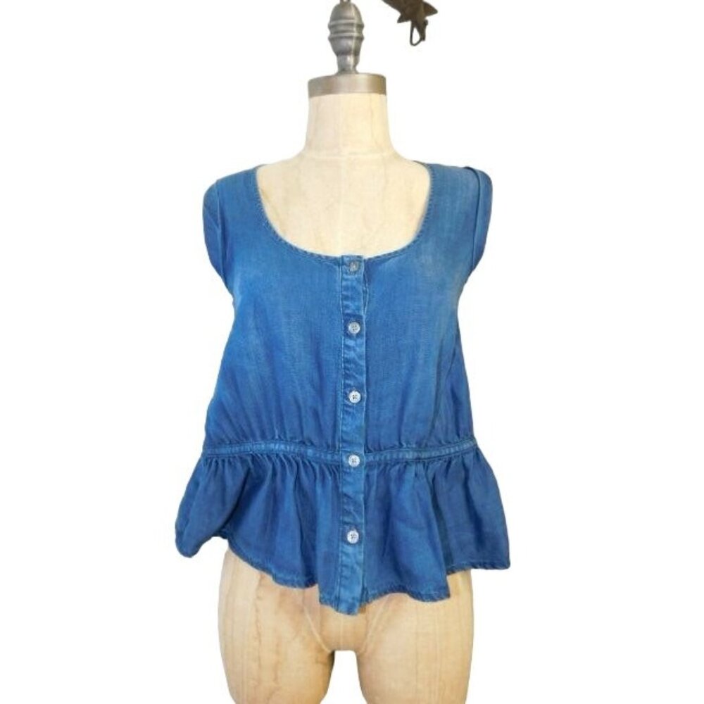 Frame Denim Size XS Denim Scoop Neck Designer Tie Back Top